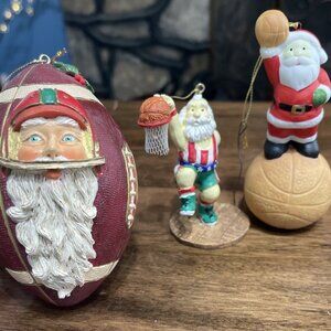 3 Santa Claus Christmas Ornaments, Sports Themed Basketball, Football Read